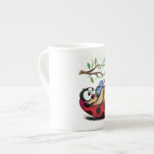 Happy Little Ladybug with Phone - Cartoon Drawing  Bone China Mug