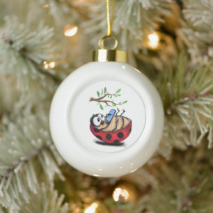 Happy Little Ladybug with Phone - Cartoon Drawing  Ceramic Ball Christmas Ornament