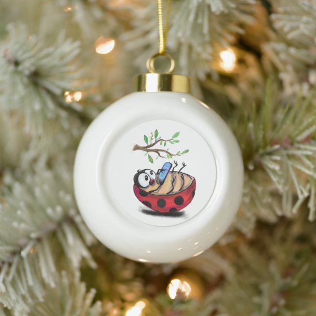Happy Little Ladybug with Phone - Cartoon Drawing  Ceramic Ball Christmas Ornament (Tree)
