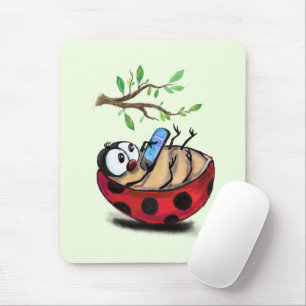 Happy Little Ladybug with Phone - Cartoon Drawing Mouse Mat