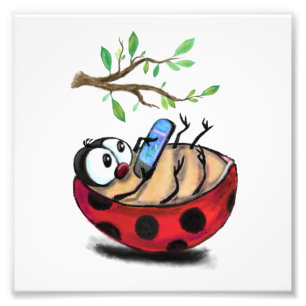 Happy Little Ladybug with Phone - Cartoon Drawing  Photo Print