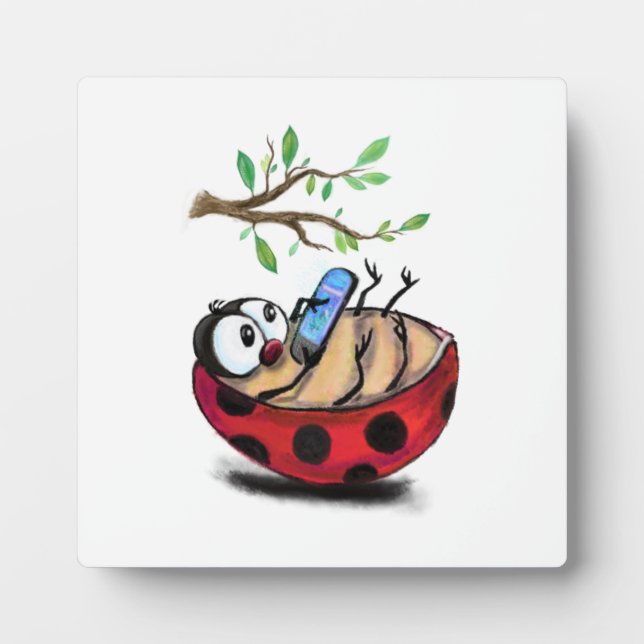 Happy Little Ladybug with Phone - Cartoon Drawing  Plaque (Front)