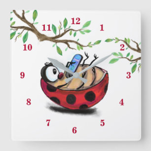 Happy Little Ladybug with Phone - Cartoon Drawing  Square Wall Clock