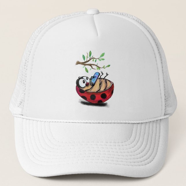 Happy Little Ladybug with Phone - Cartoon Drawing  Trucker Hat (Front)