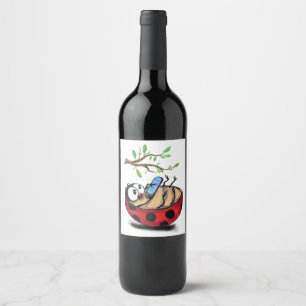 Happy Little Ladybug with Phone - Cartoon Drawing  Wine Label