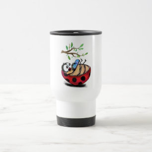 Happy Little Ladybug with Phone - Funny Drawing Travel Mug