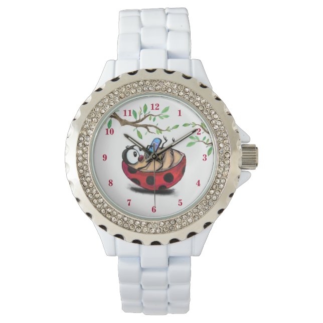 Happy Little Ladybug with Phone - Funny Drawing Watch (Front)