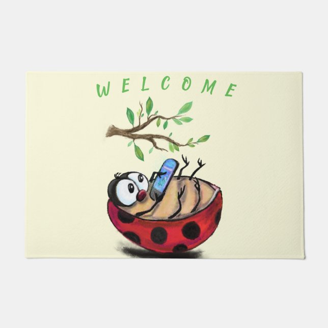 Happy Little Ladybug with Phone - Welcome Doormat (Front)