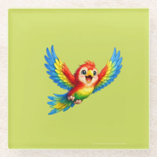 Happy Little Parrot Cartoon Art for Kids and Bird  Glass Coaster