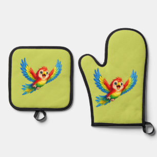 Happy Little Parrot Cartoon Art for Kids and Bird Oven Mitt & Pot Holder Set
