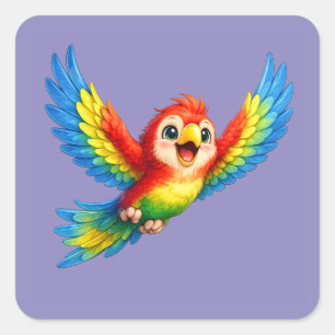 Happy Little Parrot Cartoon Art for Kids and Bird Square Sticker