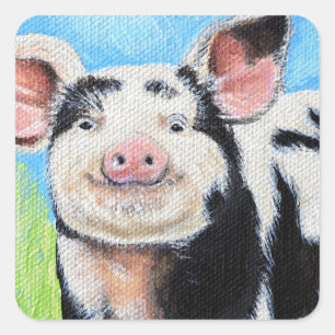 Happy Little Pig Painting Square Sticker