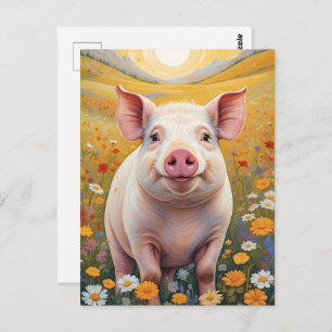 Happy Little Pig Sunny Daisy Field Postcard