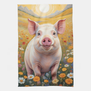Happy Little Pig Sunny Daisy Field Tea Towel