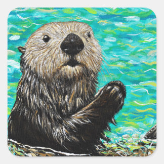 Happy Little Sea Otter Painting Square Sticker