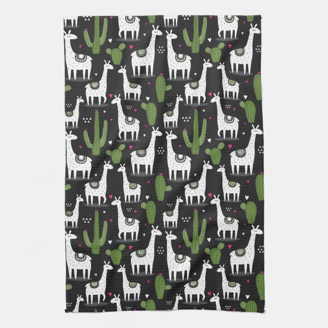 Happy Llama Pattern Tea Towel (Vertical)