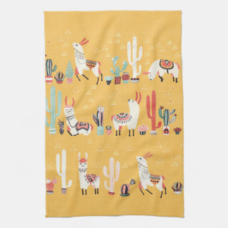Happy Llama with Flowers and Cacti Watercolour Tea Towel