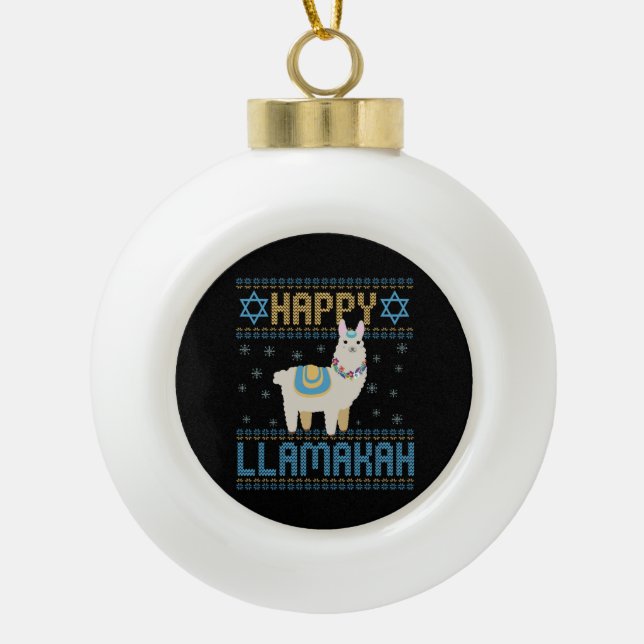 Happy LLamakah Funny Jewish Hanukkah LLama Gift Ceramic Ball Christmas Ornament (Front)