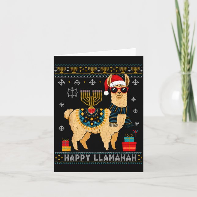 Happy Llamakah Funny Ugly Hanukkah Sweater Llama P Card (Front)