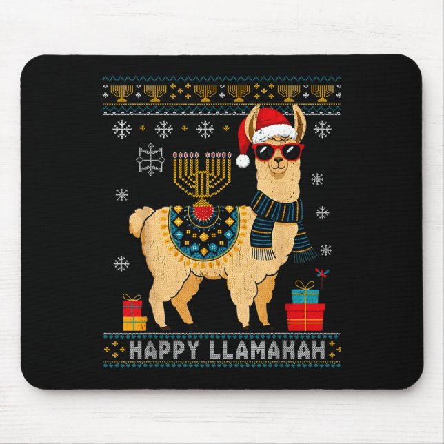 Happy Llamakah Funny Ugly Hanukkah Sweater Llama P Mouse Mat (Front)