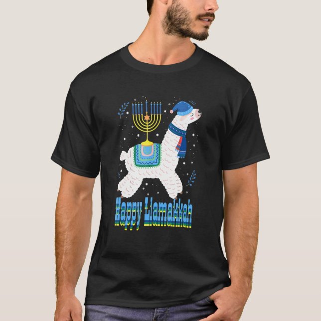 Happy Llamakkah Menorah Hanukkah Llama Cute Alpaca T-Shirt (Front)