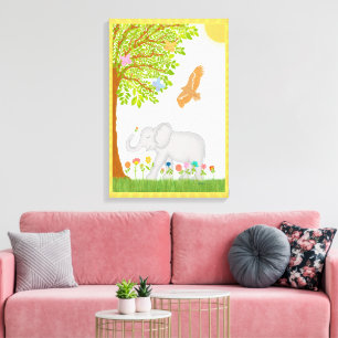 Happy Lucky Elephant Enjoying Flowers and Nature Canvas Print