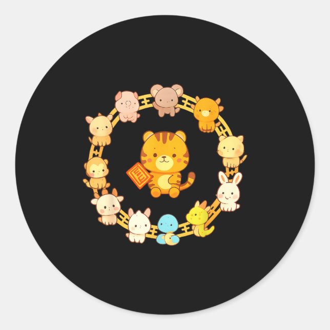 Happy Lunar New Year Animals 12 Chinese Zodiac Sig Classic Round Sticker (Front)
