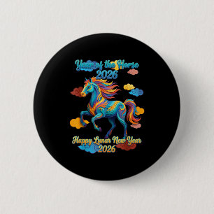 Happy Lunar New Year Colorful Horse  6 Cm Round Badge