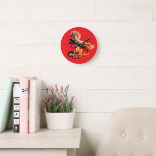 Happy Lunar New Year Majestic Golden Horse Round Clock