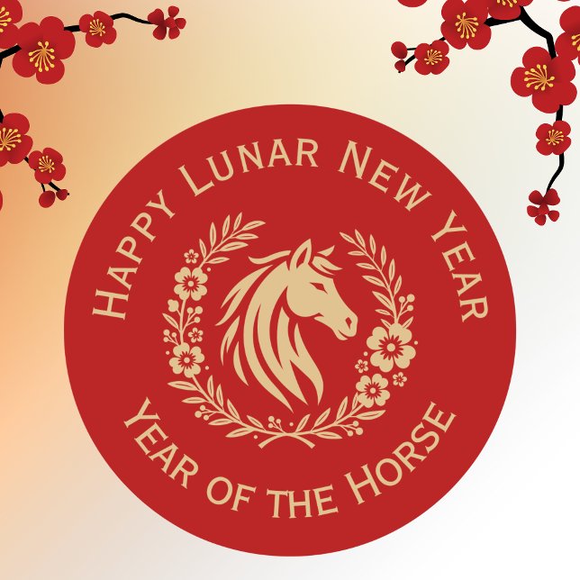 Happy Lunar New Year of the Horse Wreath Flowers Classic Round Sticker (Creator Uploaded)