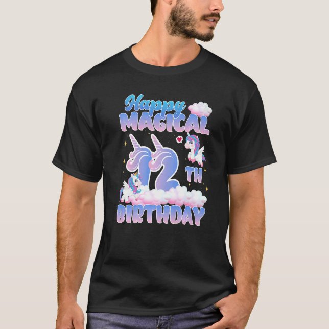 Happy Magical 12th Birthday Flying Unicorns Birthd T-Shirt (Front)