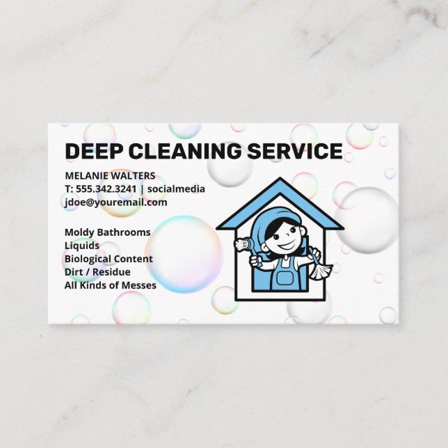 Happy Maid | Cleaning Service Logo | Bubbles Business Card (Front)