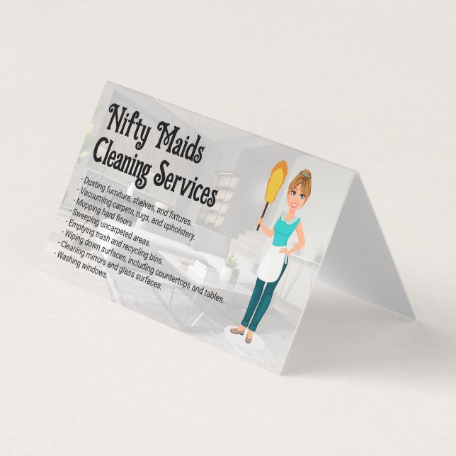 Happy Maid with Feather Duster | Clean Living Room Business Card (Front)