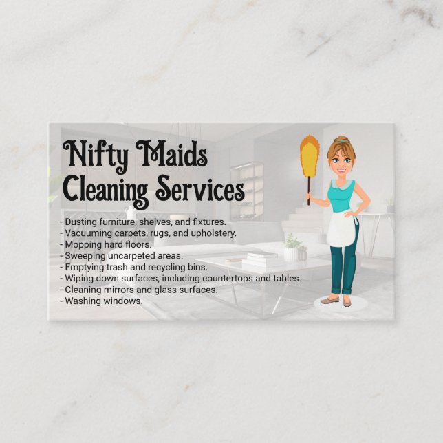 Happy Maid with Feather Duster | Clean Living Room Business Card (Front)