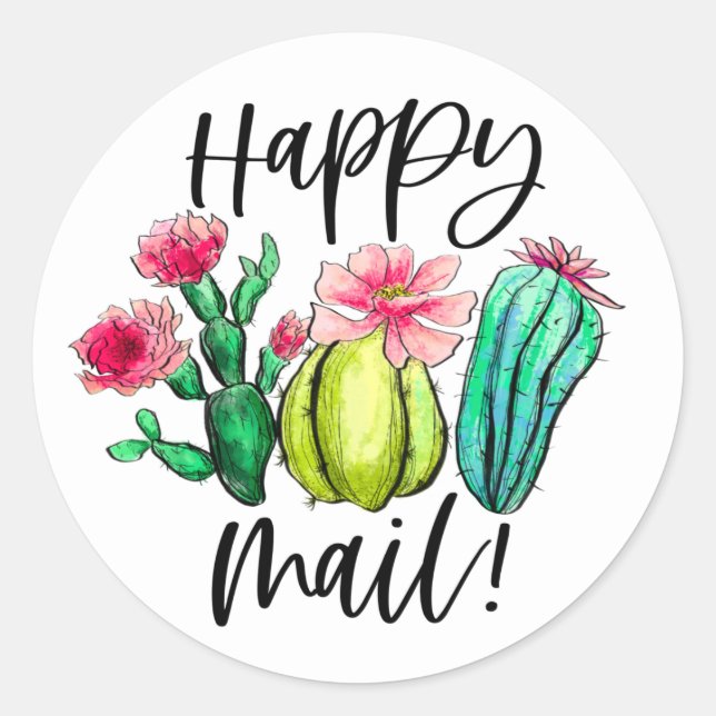 Happy Mail Bright Cactus Succulent Plants Classic Round Sticker (Front)