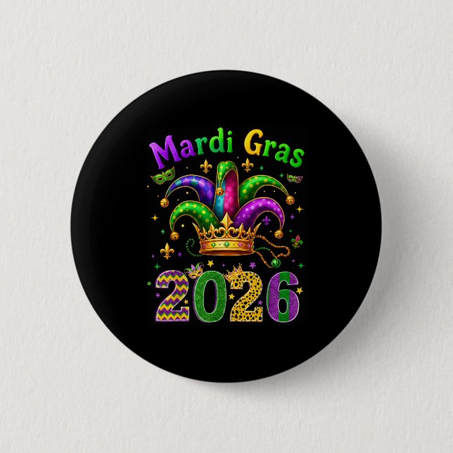 Happy Mardi Gras 2026 Jester Hat Men Women Kid Car 6 Cm Round Badge (Front)