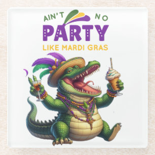 Happy Mardi Gras Alligator Glass Coaster