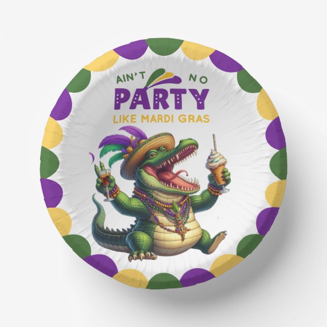 Happy Mardi Gras Alligator Paper Plate (Front)