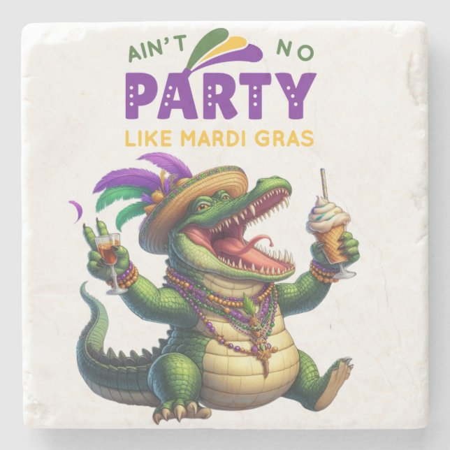 Happy Mardi Gras Alligator Stone Coaster (Front)
