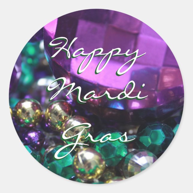 Happy Mardi Gras Bead Throws Custom Round Stickers (Front)
