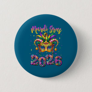Happy Mardi Gras Carnival 2026 Jester Hat Men Wome 6 Cm Round Badge