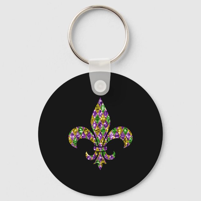 Happy Mardi Gras Carnival New Orleans Fleur De Lis Key Ring (Front)