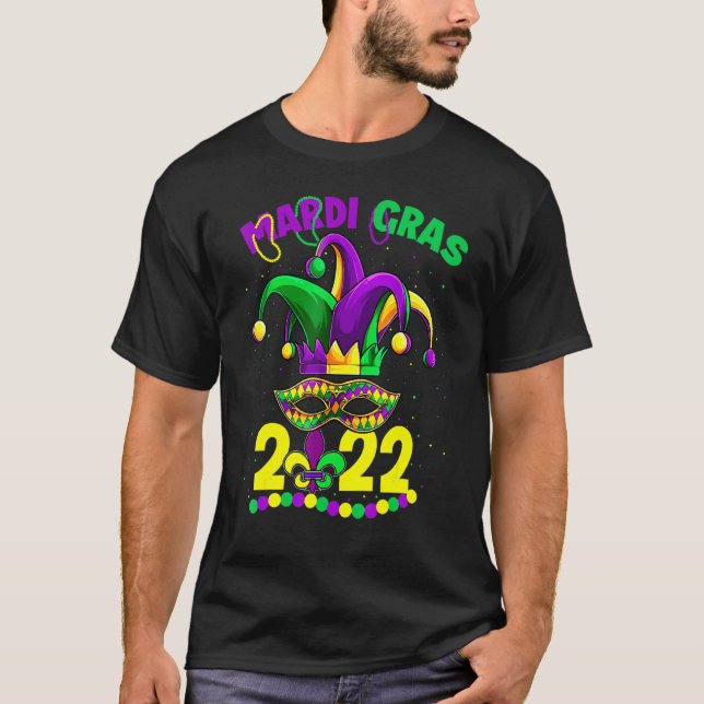 Happy Mardi Gras Clown Hat Mask Colourful T-Shirt (Front)