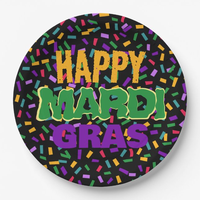happy mardi gras confetty  black paper plate (Front)