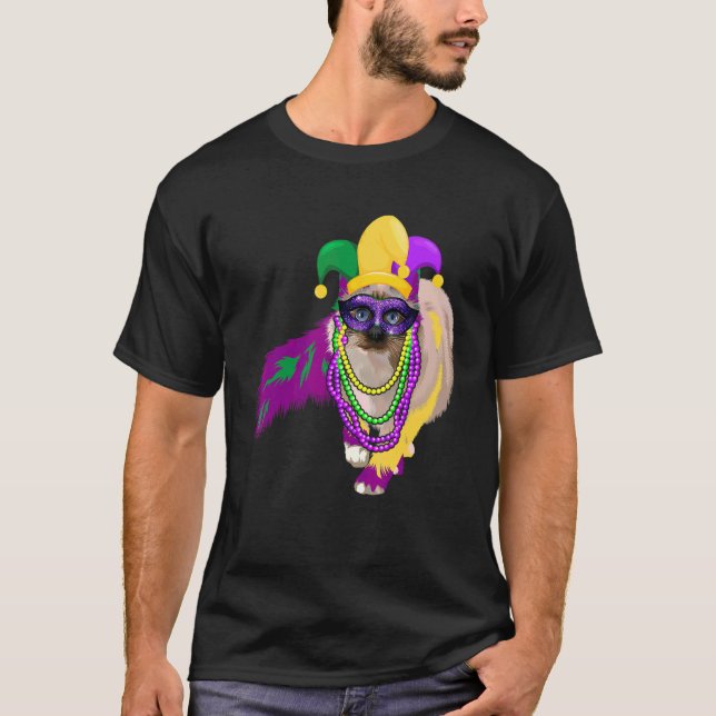 Happy Mardi Gras Cute Cat Wearing Beads Jester Hat T-Shirt (Front)