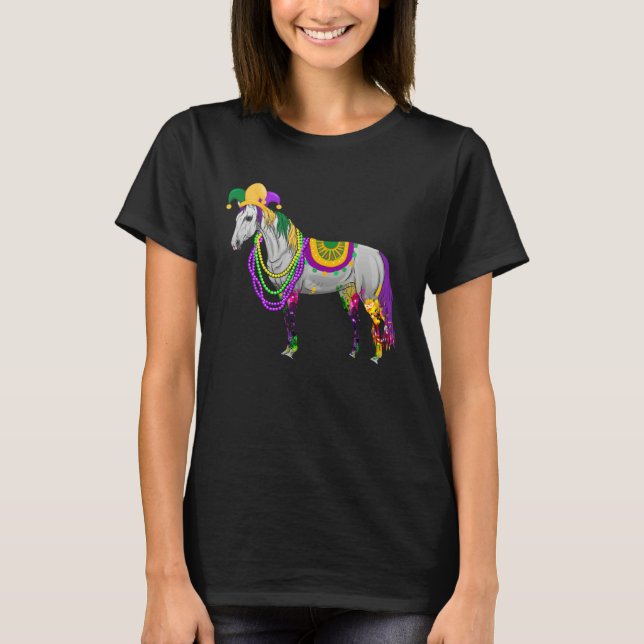 Happy Mardi Gras Cute Horse Wearing Beads Jester H T-Shirt (Front)