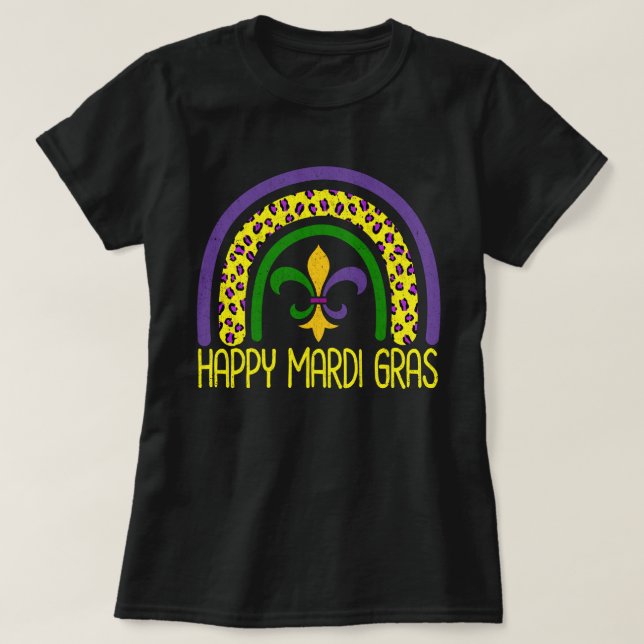 Happy Mardi Gras Cute Leopard Rainbow T-Shirt (Design Front)