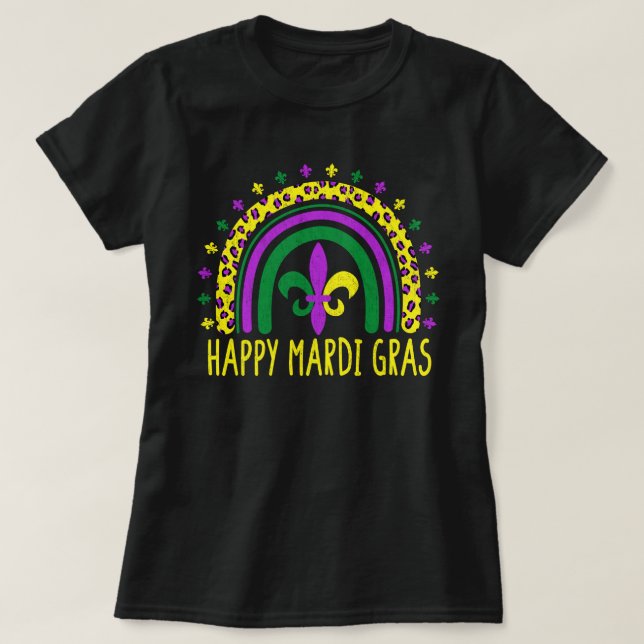 Happy Mardi Gras Cute Leopard Rainbow T-Shirt (Design Front)