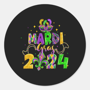 Happy Mardi Gras Fat Tuesday Beads Mask Jester Hat Classic Round Sticker