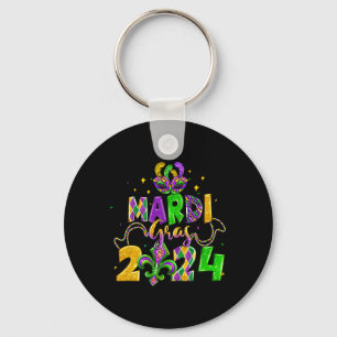 Happy Mardi Gras Fat Tuesday Beads Mask Jester Hat Key Ring